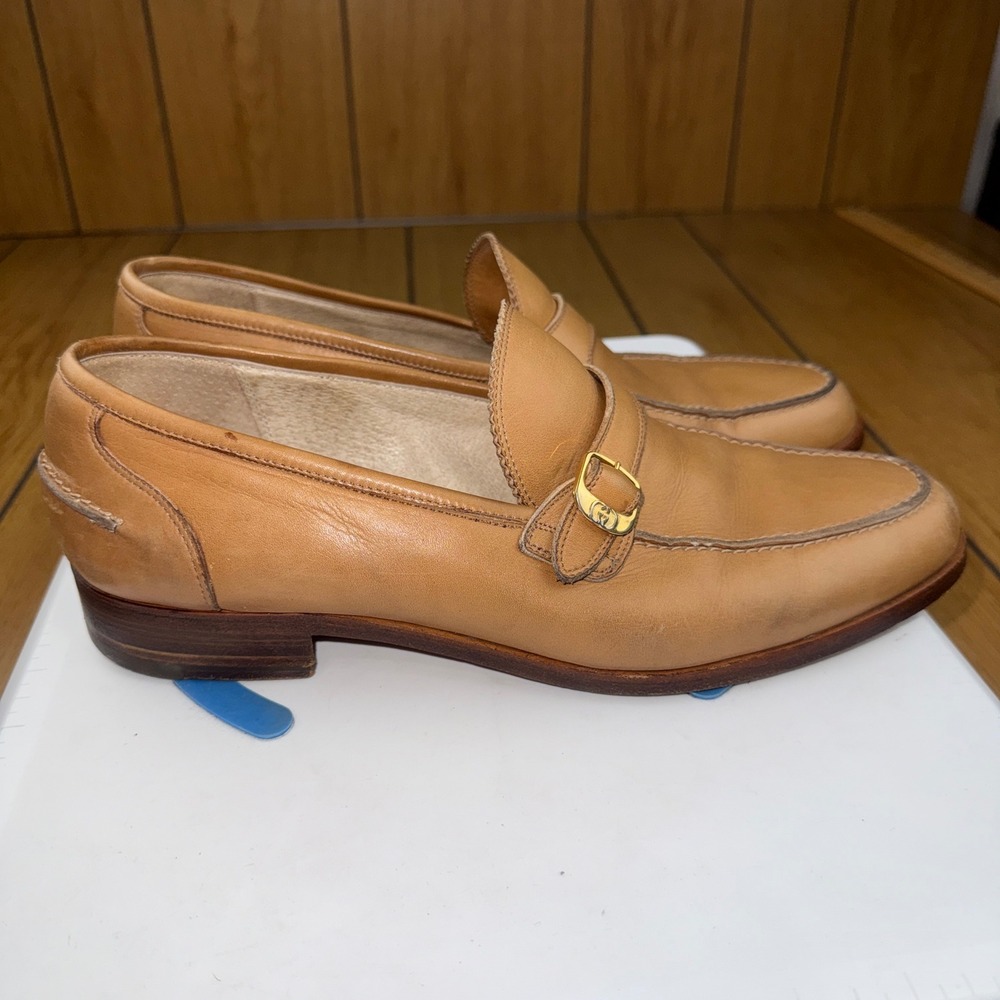 Gucci Vintage Tan Leather Loafers Buckle G Logo Dress Shoes 110 097 1055 43.5